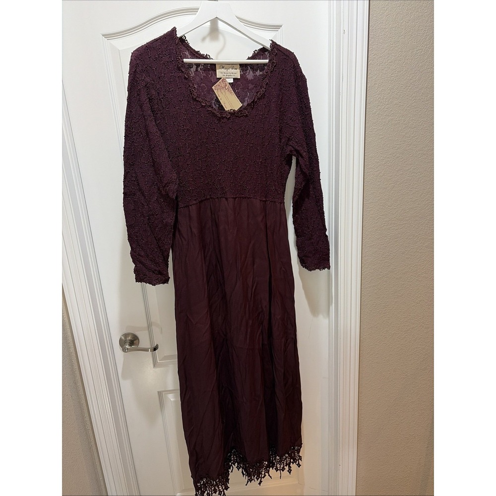 VTG NWT Margot Lea Dress Size XL Lace Accents Burgundy Maxi Long Sleeve USA